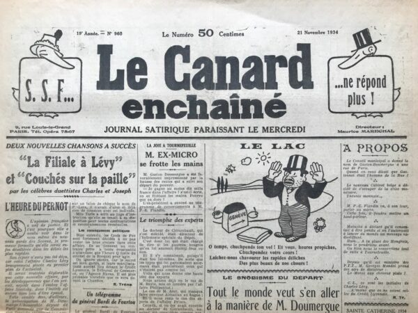 Couac ! | N° 960 du Canard Enchaîné - 21 Novembre 1934 | HITLER RÉARME ET PROPOSE LA PAIX - L'article intitulé "HITLER RÉARME ET PROPOSE LA PAIX" par Jean Galtier-Boissière, publié dans Le Canard Enchaîné le 21 novembre 1934, expose la situation politique et militaire de l'Allemagne sous le régime d'Hitler et met en lumière les contradictions dans la politique de réarmement français. Galtier-Boissière commence par critiquer le manque de réaction de l'opinion publique française face au réarmement de l'Allemagne, soulignant que cela est en partie dû à la désinformation et à la manipulation des médias par les intérêts militaires et industriels français. Il rappelle également le contexte du désarmement imposé à l'Allemagne après la Première Guerre mondiale et l'échec du processus de désarmement des nations victorieuses. L'auteur pointe du doigt le rôle des industriels de l'armement et des militaires français dans le maintien d'une politique de réarmement constant, malgré les efforts de désarmement international. Il dénonce également l'incompétence et la corruption qui ont conduit à l'obsolescence du matériel militaire français par rapport aux avancées technologiques réalisées par d'autres nations. Enfin, l'article aborde les propositions de paix émanant d'Hitler, mettant en avant les arguments du dictateur allemand en faveur du réarmement de l'Allemagne pour assurer sa sécurité face à des ennemis surarmés. Galtier-Boissière souligne la logique de ces arguments et la nécessité pour la France de réexaminer sa politique étrangère et militaire dans un contexte de réarmement allemand. En conclusion, l'article met en lumière les défis auxquels la France est confrontée en matière de politique étrangère et militaire, notamment la nécessité de trouver un équilibre entre la sécurité nationale et les impératifs de paix internationale.   | 960