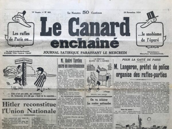 Couac ! | N° 961 du Canard Enchaîné - 28 Novembre 1934 | LES VIEUX JETONS... DE PRÉSENCE - L'article intitulé "LES VIEUX JETONS... DE PRÉSENCE" par Jean Galtier-Boissière, publié dans Le Canard Enchaîné le 28 novembre 1934, dénonce le phénomène de pantouflage et de conflits d'intérêts qui touche les hauts fonctionnaires et hommes politiques français lorsqu'ils prennent leur retraite. Galtier-Boissière commence par évoquer plusieurs personnalités ayant été impliquées dans des affaires de corruption ou de scandales financiers, notamment le général Fourtou du Barda et le vice-amiral Dumesnil. Il souligne la tendance des hauts fonctionnaires à se tourner vers le secteur privé après leur carrière publique, ce qui suscite des interrogations sur l'intégrité de leurs actions passées. L'auteur critique le fait que de nombreux hauts fonctionnaires et hommes politiques se voient offrir des postes lucratives dans des entreprises privées ou étrangères, souvent en lien avec des fournisseurs de l'État ou des entreprises sous contrôle étranger. Il met en avant le conflit d'intérêts que cela peut représenter, ainsi que le risque de compromission de l'indépendance et de l'intégrité des institutions publiques. Galtier-Boissière prend l'exemple d'Henry de Monfreid et de son projet aux Îles Farzan dans la mer Rouge, qui a été entravé par des obstacles mis en place par les services secrets britanniques, avec le désaveu du gouvernement français de l'époque, dont faisait partie Doumergue. Il souligne la coïncidence entre le désaveu de Monfreid et l'entrée de Doumergue au service de la Compagnie de Suez, détenant des intérêts stratégiques dans la région. En conclusion, l'article met en lumière les pratiques douteuses de pantouflage et de conflits d'intérêts qui persistent dans les hautes sphères de l'État français, et appelle à une plus grande transparence et intégrité dans les relations entre le secteur public et privé.   | 961 1