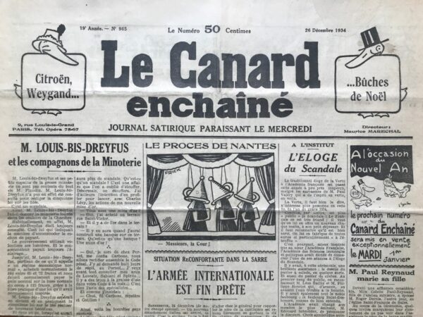 Couac ! | N° 965 du Canard Enchaîné - 26 Décembre 1934 | LE NOËL DES MUNITIONNAIRES - Cet article du Canard Enchaîné du 26 décembre 1934, signé par Jean Galtier-Boissière, critique vivement la course aux armements et le budget colossal consacré à la préparation militaire, comparé à celui alloué à la santé publique. L'auteur dénonce la stratégie des fournisseurs d'armes qui utilisent la presse pour créer des crises artificielles et justifier l'augmentation des dépenses militaires. Il souligne le caractère cyclique de cette stratégie, où chaque nouvelle commande d'armement est précédée par une campagne médiatique exagérant la menace étrangère. Il critique également le retard technologique de l'aviation française, désormais dépassée par celle de ses voisins, et la nécessité de moderniser rapidement le matériel pour garantir la sécurité du pays. Enfin, l'article ironise sur le paradoxe de l'augmentation du budget militaire au moment où des signes de détente internationale semblent apparaître, soulignant l'absurdité de cette course aux armements dans un contexte de rapprochement diplomatique. L'auteur conclut en prédisant une campagne médiatique en faveur du retour au service militaire de deux ans, au bénéfice de l'État-major et des fournisseurs d'armes, malgré les signes de détente diplomatique.   | 965