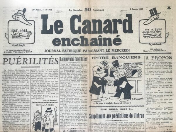 Couac ! | N° 966 du Canard Enchaîné - 2 Janvier 1935 | Bilan 1934, le règne du mufle - Cet article de Jean Galtier-Boissière, est une critique acerbe de plusieurs aspects de la société française à l'époque, notamment la faillite de Citroën, les injustices judiciaires et les hypocrisies politiques. En utilisant l'ironie mordante, Galtier-Boissière met en lumière les contradictions et les inégalités de son époque. Citroën et la Chute des "Rois de l'Industrie" L'article commence par évoquer la faillite de Citroën, soulignant l'ironie du sort pour un magnat de l'industrie automobile autrefois glorifié. Les "mégapublicités" de Citroën et ses extravagances, comme l'illumination de la tour Eiffel, sont maintenant pointées du doigt par les mêmes publicistes qui bénéficiaient de sa générosité. Galtier-Boissière écrit :  "Lorsque M. Citroën raquait cinquante mille balles une de quotidien... chacun vantait l'originalité de sa publicité lumineuse sur la tour Eiffel". Injustice et Hypocrisie Judiciaires Galtier-Boissière compare ensuite la sévérité des peines infligées pour des délits mineurs ou d'opinion à celles, beaucoup plus légères, pour des crimes graves. Il critique la condamnation disproportionnée du journaliste Pierre Couturet : "Sept cent trente jours de tôle pour cinquante lignes imprimées... alors qu'un comptable qui leva le pied avec trois millions a écopé d'une petite année !" Il dénonce également l'indifférence de la presse à ce sujet, regrettant le manque de solidarité entre journalistes :  "Neuf sur dix des journaux sont muets pour protester non pas contre une condamnation certainement disproportionnée avec le délit, mais contre une atteinte caractérisée à la liberté de pensée". L'Affaire Stavisky et la Lâcheté des Élites L'auteur aborde ensuite l'affaire Stavisky, révélant la lâcheté et l'hypocrisie de ceux qui ont profité des largesses de Stavisky avant de le renier une fois sa fraude exposée : "Tous ses anciens amis le renièrent à qui mieux mieux... Tous plus ou moins renseignés sur les mystères de sa dangereuse existence".  Une Leçon de Moralité d'un Ancien Forçat Pour conclure, Galtier-Boissière loue la fidélité et l'honneur d'un ancien forçat, Poulner, qui a pris soin de la famille de Stavisky après sa mort : "Dans ce grouillis de mufles, un seul homme... a su montrer du cœur, prendre des responsabilités... Et cet homme qui donne une sévère leçon à tant d'autres est un ancien forçat". Cet article est un excellent exemple de la capacité du *Canard Enchaîné* à utiliser l'humour et l'ironie pour critiquer sévèrement la société et les élites. Galtier-Boissière ne mâche pas ses mots lorsqu'il s'agit de dénoncer les injustices et les hypocrisies. En soulignant les contradictions et les inégalités de son époque, il invite ses lecteurs à réfléchir sur la moralité et l'intégrité de ceux qui occupent des positions de pouvoir et d'influence. Ce style d'écriture reste pertinent aujourd'hui, rappelant l'importance d'une presse libre et critique pour maintenir un contrôle sur les abus de pouvoir et pour défendre les principes de justice et d'équité. | 966