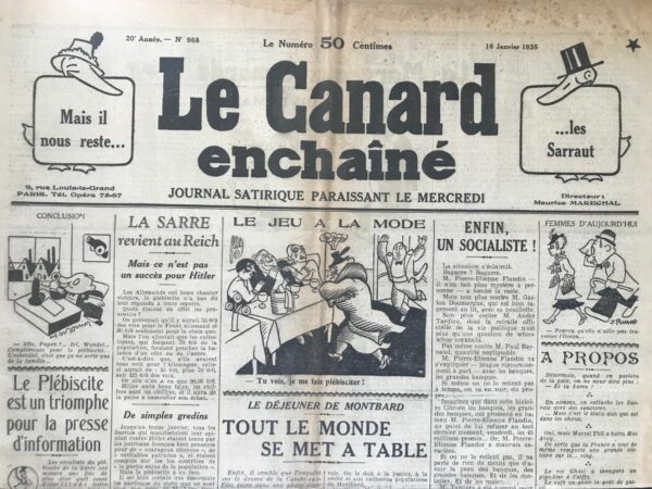 Couac ! | N° 968 du Canard Enchaîné - 16 Janvier 1935 |  "Mémoires d'une Terreur" de Jean Galtier-Boissière L'article "Mémoires d'une Terreur", écrit par Jean Galtier-Boissière et publié le 16 janvier 1935 dans *Le Canard Enchaîné*, présente les mémoires de Georges Hainnaux, connu sous les surnoms de "Jo-les-cheveux-blancs" et "Jo-la-Terreur". Ces mémoires, authentiques et non filtrées, offrent un aperçu brut et fascinant de la vie d'un criminel. Né en 1895 à Boulogne-sur-Mer, Jo mène une jeunesse tumultueuse, passant de prix de beauté à enfant de chœur, puis à divers rôles dans les fêtes foraines. Il devient acrobate, trimardeur, et modèle pour artistes avant de s'immerger dans le monde criminel parisien, fréquentant les milieux interlopes et évitant habilement la police. Après un séjour en prison pour vol de fourrures, Jo s'entraîne à la boxe et devient champion de France amateur. Il fréquente des figures notoires de Montmartre, tout en continuant ses activités criminelles. Sa méthode principale, la "reprise individuelle", consiste à voler des biens mal acquis par d'autres criminels, qui ne peuvent se plaindre à la police. Blessé par la police, Jo s'exile à Londres, poursuivant ses activités criminelles avec divers complices, dont un ex-détenu devenu agent électoral. Il exerce ses talents de pickpocket et commet des crimes à travers l'Europe, jusqu'à ce que la Première Guerre mondiale éclate. Engagé dans la Légion étrangère, il déserte après une blessure et se réfugie en Espagne, où il continue ses aventures criminelles avant de partir pour Buenos Aires. Revenu à Paris après la guerre, Jo ouvre un garage, est arrêté pour escroquerie, puis s'évade de prison. Il s'établit à New York, puis à Londres, avant de revenir en France grâce à une amnistie. Jo ouvre un cabaret à Paris et continue à fréquenter la haute société, impliqué dans des affaires complexes, notamment autour du prince de la Maison d'Orléans et du scandale Stavisky. Ces mémoires offrent un regard cru et authentique sur la vie criminelle et les interactions avec la haute société, dévoilant les rouages des scandales financiers et les intrigues de l'époque. | 968 1