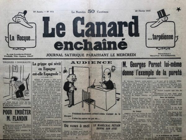 Couac ! | N° 973 du Canard Enchaîné - 20 Février 1935 |  "Vague de pudeur" de Jean Galtier-Boissière Dans cet article publié le 20 février 1935, Jean Galtier-Boissière analyse avec une ironie mordante l'apparition d'une vague de puritanisme venant des États-Unis et touchant la France. Le mouvement puritain aux États-Unis a conduit à une stricte censure des spectacles, tant sur scène que dans les films. Cette influence puritaine traverse l'Atlantique et s'installe en France, pays pourtant connu pour son libéralisme en matière d'art et de spectacles. Galtier-Boissière évoque l'histoire de la lutte contre l'indécence en France, notamment par le sénateur Bérenger à la fin du XIXe siècle, connu pour ses actions contre la « licence des rues ». Ce sénateur s'attaquait aux affiches et illustrations jugées indécentes, visant des artistes renommés comme Willette, Steinlen et Forain. Il mentionne aussi Sarah Brown, un modèle nu dont l'inculpation provoqua presque une émeute dans le quartier Latin. L'auteur retrace l'évolution des spectacles de nu, rappelant comment des directeurs de music-hall commencèrent à présenter des femmes nues sur scène. Une lutte s'engagea entre ces directeurs et la police, soutenue par les protestations des « pères de famille indignés ». Avec le temps, les spectacles de nu devinrent traditionnels et acceptés, surtout pendant la Première Guerre mondiale, où ils jouèrent un rôle important dans le soutien du moral des soldats. Galtier-Boissière critique la réapparition de la censure en France, notamment à travers l'initiative du ministre de la Justice, M. Pernot, de poursuivre une danseuse américaine pour « outrages à la pudeur ». Il souligne l'ironie que cette poursuite ait paradoxalement augmenté la popularité du spectacle incriminé. L'auteur raconte son expérience en assistant à un spectacle de nu, notant son ennui face à la monotonie de la présentation. Cependant, il exprime son admiration pour un numéro particulier réalisé par la danseuse américaine Joan Warner, la même artiste poursuivie par M. Pernot, qu'il trouve poétique et presque chaste. Jean Galtier-Boissière conclut en soulignant l'hypocrisie et l'inefficacité des efforts pour censurer l'art et les spectacles, en particulier lorsque ces efforts ne font qu'augmenter l'intérêt du public pour ce qui est censé être réprimé. Il critique la persistance de cette attitude puritaine, même dans un pays historiquement libéral comme la France. | 973 1