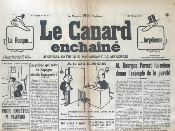 Couac ! | N° 973 du Canard Enchaîné - 20 Février 1935 |  "Vague de pudeur" de Jean Galtier-Boissière Dans cet article publié le 20 février 1935, Jean Galtier-Boissière analyse avec une ironie mordante l'apparition d'une vague de puritanisme venant des États-Unis et touchant la France. Le mouvement puritain aux États-Unis a conduit à une stricte censure des spectacles, tant sur scène que dans les films. Cette influence puritaine traverse l'Atlantique et s'installe en France, pays pourtant connu pour son libéralisme en matière d'art et de spectacles. Galtier-Boissière évoque l'histoire de la lutte contre l'indécence en France, notamment par le sénateur Bérenger à la fin du XIXe siècle, connu pour ses actions contre la « licence des rues ». Ce sénateur s'attaquait aux affiches et illustrations jugées indécentes, visant des artistes renommés comme Willette, Steinlen et Forain. Il mentionne aussi Sarah Brown, un modèle nu dont l'inculpation provoqua presque une émeute dans le quartier Latin. L'auteur retrace l'évolution des spectacles de nu, rappelant comment des directeurs de music-hall commencèrent à présenter des femmes nues sur scène. Une lutte s'engagea entre ces directeurs et la police, soutenue par les protestations des « pères de famille indignés ». Avec le temps, les spectacles de nu devinrent traditionnels et acceptés, surtout pendant la Première Guerre mondiale, où ils jouèrent un rôle important dans le soutien du moral des soldats. Galtier-Boissière critique la réapparition de la censure en France, notamment à travers l'initiative du ministre de la Justice, M. Pernot, de poursuivre une danseuse américaine pour « outrages à la pudeur ». Il souligne l'ironie que cette poursuite ait paradoxalement augmenté la popularité du spectacle incriminé. L'auteur raconte son expérience en assistant à un spectacle de nu, notant son ennui face à la monotonie de la présentation. Cependant, il exprime son admiration pour un numéro particulier réalisé par la danseuse américaine Joan Warner, la même artiste poursuivie par M. Pernot, qu'il trouve poétique et presque chaste. Jean Galtier-Boissière conclut en soulignant l'hypocrisie et l'inefficacité des efforts pour censurer l'art et les spectacles, en particulier lorsque ces efforts ne font qu'augmenter l'intérêt du public pour ce qui est censé être réprimé. Il critique la persistance de cette attitude puritaine, même dans un pays historiquement libéral comme la France. | 973