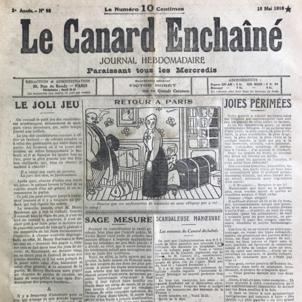 Couac ! | N° 98 du Canard Enchaîné - 15 Mai 1918 | Le joli jeu, par Henri Béraud - Béraud ironise à propos de l'élection de Henry Bordeaux à l'Académie Française... | 98