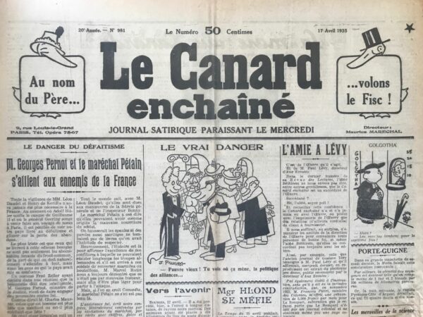 Couac ! | N° 981 du Canard Enchaîné - 17 Avril 1935 |  **Bas les Masques** - *Jean Galtier-Boissière Jean Galtier-Boissière critique avec sarcasme et verve la campagne de promotion des masques à gaz, révélant les intérêts économiques derrière la vente de ces dispositifs et l'hypocrisie des institutions qui les promeuvent. L'article commence par évoquer une émission de radio où un orateur, entre des morceaux de musique, alarme la population sur les dangers des attaques au gaz tout en recommandant vivement l'achat de masques à gaz. Galtier-Boissière se moque de ce marketing alarmiste, le comparant à un vendeur de foire incitant à acheter rapidement avant épuisement des stocks. Les journaux comme *Le Figaro* consacrent des pages entières aux dangers des attaques aériennes et aux bienfaits des masques à gaz, tout en fournissant commodément les noms et adresses des fabricants. Galtier-Boissière souligne l'ironie et la collusion implicite entre les médias et les fabricants de masques, accusant les journaux de participer à une campagne de peur pour vendre ces produits. Le chroniqueur mentionne M. Rouillé d'Orfeuil qui, dans sa déclaration, évoque les 91 morts de Saint-Gervais en 1918 comme preuve de la menace. Galtier-Boissière corrige cette chronologie en rappelant que des civils allemands avaient déjà été victimes de bombardements français en 1916, insinuant que de telles déclarations peuvent falsifier l'histoire et favoriser une propagande intéressée. Le général Pouderoux, ayant dirigé les pompiers de Paris, avait qualifié le commerce des masques à gaz d'escroquerie. En réponse, *Le Figaro* s'assure de placer son contenu sous l'autorité du général Duchêne, inspecteur général de la défense aérienne. Cette manœuvre vise à crédibiliser la promotion des masques, malgré les doutes sur leur efficacité réelle. Galtier-Boissière se moque des publicités vantant les avantages des masques, comme le fait qu'ils permettent aux ouvriers de travailler dans de meilleures conditions ou qu'ils sont disponibles en versions luxueuses reconnaissables, apportant une "sensation de sécurité absolue". Il ridiculise également l'argument selon lequel des valises légères permettent de transporter les masques sans attirer les convoitises dangereuses. L'auteur pose un dilemme au gouvernement : - **Si les masques sont inefficaces**, pourquoi autoriser une telle publicité alarmiste ? - **Si les masques sont efficaces**, pourquoi le gouvernement ne distribue-t-il pas des masques à tous les citoyens pour assurer leur sécurité ? Galtier-Boissière conclut que cette situation crée une inégalité entre les riches, qui peuvent acheter des moyens de protection coûteux, et les pauvres, laissés sans défense en cas d'attaque. Il critique sévèrement cette disparité et l'indifférence du gouvernement envers les citoyens moins fortunés. Cet article dénonce avec mordant et humour les manœuvres commerciales et la complicité des médias et des autorités dans la vente des masques à gaz. Galtier-Boissière expose l'hypocrisie et l'injustice sociale, mettant en lumière les intérêts financiers et les stratégies de manipulation de l'opinion publique. | 981