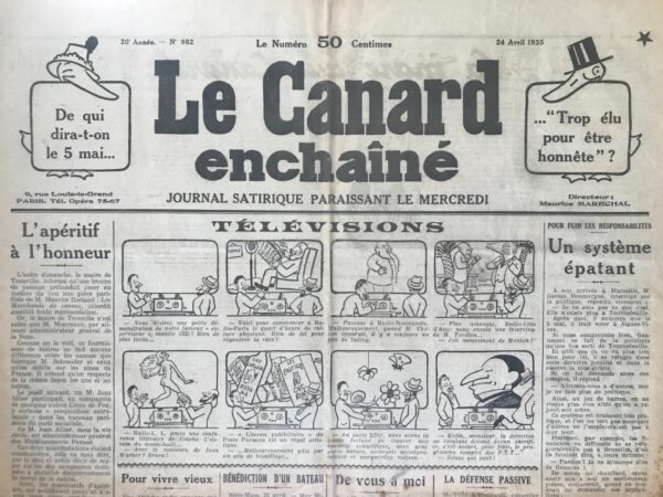 Couac ! | N° 982 du Canard Enchaîné - 24 Avril 1935 | **Jeu de Massacre** -  Jean Galtier-Boissière Dans cet article, Jean Galtier-Boissière emploie son style satirique pour critiquer les absurdités de la politique, des préparatifs de guerre, et du patriotisme excessif. Galtier-Boissière ouvre l'article en rappelant que le français était autrefois la langue universelle des diplomates et des maîtres d'hôtel. Il évoque la fierté des voyageurs français trouvant des menus en français partout dans le monde. Mais cette suprématie linguistique est remise en question, notamment par les discours embrouillés de Pierre Laval, ministre des Affaires étrangères. Galtier-Boissière cite un passage complexe et incompréhensible de Laval pour illustrer la déchéance de la langue française dans la diplomatie, remplacée par une sorte de jargon bureaucratique. Ensuite, l'auteur tourne son attention vers Henry Lémery, qui appelle à remettre à niveau les armements français. Galtier-Boissière rétorque en indiquant que la France a déjà dépensé 135 milliards de francs en armements entre 1920 et 1934, insinuant que ces fonds ont été gaspillés. Galtier-Boissière continue en dénonçant la publicité des constructeurs d'abris anti-aériens. Il se moque d'un article de *Candide* qui loue un abri perfectionné inauguré avec faste. Il utilise cette anecdote pour critiquer l'opportunisme commercial en temps de crise et l'absurdité de ces célébrations en période de menace imminente. Il aborde ensuite la publication des mémoires de Marthe Richer, espionne et chevalier de la Légion d'honneur, notant que certains passages controversés ont été omis du livre. Galtier-Boissière souligne ironiquement l'héroïsme exagéré des mémoires, montrant sa méfiance envers les récits glorifiant le patriotisme. L'article décrit une exposition organisée par "La Sabretache", visant à propager le goût de l'histoire militaire et le patriotisme. Galtier-Boissière se moque des représentations idéalisées des guerres passées, contrastant la "guéguerre plaisante" des siècles passés avec la brutalité moderne. Il ironise sur les soldats d'antan qui, selon lui, profitaient de la guerre pour piller et violer. Enfin, il s'amuse de la présentation d'objets divers ayant appartenu à des grands hommes. Il suggère sarcastiquement que la "Sabretache" devrait exposer des objets de la Première Guerre mondiale, comme les gants de Georges Clemenceau ou l'oreiller de Joffre, se moquant de la vénération pour ces reliques militaires. Avec son style mordant, Jean Galtier-Boissière critique la glorification de la guerre, l'hypocrisie des préparatifs militaires, et l'absurdité de certaines manifestations de patriotisme. Il souligne les contradictions et les exagérations dans les discours et les pratiques de son époque, utilisant l'ironie pour dévoiler les failles du discours officiel. | 982 1