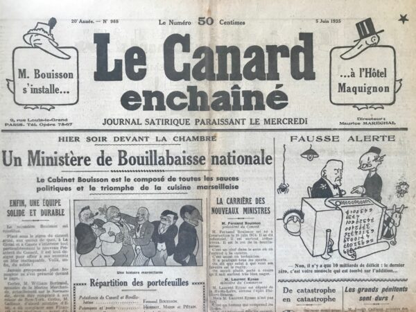 Couac ! | N° 988 du Canard Enchaîné - 5 Juin 1935 | Petite suggestion à M. Caillaux - Jean Galtier-Boissière Dans cet article, Jean Galtier-Boissière propose à M. Joseph Caillaux, alors ministre des Finances, une mesure audacieuse pour rééquilibrer le budget de l'État. Plutôt que de réduire les pensions des enseignants et des invalides de guerre, il suggère de s'attaquer aux cumuls des hauts fonctionnaires et des généraux retraités qui touchent d'importants émoluments de la part de grandes entreprises privées en plus de leur retraite d'État. Galtier-Boissière commence par rappeler que dans les secteurs publics et privés de haut niveau, il est courant que des fonctionnaires et des militaires établissent des relations influentes et rendent des services précieux aux grandes entreprises. En remerciement, ces figures publiques obtiennent souvent des postes lucratifs dans le secteur privé après leur retraite officielle. Il cite en exemple le général Weygand, qui touche une pension confortable de l'État tout en recevant des sommes considérables pour siéger au conseil d'administration de la Compagnie de Suez. Galtier-Boissière ironise sur le fait que ce ne sont pas les compétences spécifiques de Weygand en trafic maritime qui justifient cette rémunération, mais plutôt son statut d'ancien généralissime. Galtier-Boissière propose une loi visant à limiter ces cumuls. Selon lui, les retraités d'un certain niveau de pension devraient être obligés de choisir entre leur demi-solde d'État et les prébendes du secteur privé. Cette mesure permettrait de réaliser des économies substantielles pour l'État, sans pour autant renier les contrats existants. Il suggère également une approche plus symbolique et patriotique. Inspiré par la Nuit du 4 août 1789, où les privilèges féodaux furent abolis, il propose d'organiser une cérémonie où les retraités des grands postes d'État renonceraient publiquement à leurs pensions. Ce geste serait un acte de solidarité en période de crise économique. Jean Galtier-Boissière conclut en insistant sur le besoin de justice sociale et de solidarité. Il appelle M. Caillaux à prendre des mesures courageuses en ciblant les « bien nantis » plutôt que les plus modestes, et à encourager un geste symbolique fort qui pourrait inspirer la nation entière. | 988