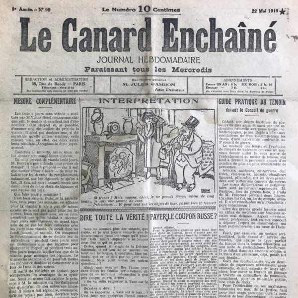 Couac ! | N° 99 du Canard Enchaîné - 22 Mai 1918 | Nos Exemplaires du Canard Enchaîné sont archivés dans de bonnes conditions de conservation (obscurité, hygrométrie maitrisée et faible température), ce qui s'avère indispensable pour des journaux anciens. | 99