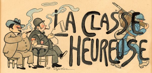 Couac ! | N° 1 du Canard Enchaîné - 5 Juillet 1916 | Premier numéro du Canard Enchaîné - Couac ! présente en exclusivité les dessins et cabochons originaux* publiés dans ce premier numéro et rehaussés à l'aquarelle, de H-P GASSIER   En cet été 1916, Maurice maréchal et Henri-Paul Gassier-Deyvaux s'associent pour faire renaître le "canard Enchainé". Cette "résurrection" est saluée par ce dessin de "HP Gassier" en Une. Georges Clémenceau est représenté une chaine au pied pour rappeler son propre journal L'Homme Enchainé et salue ce nouveau confrère, tenu lui aussi par une chaine et menacé par les ciseaux de la censure. L'expression "Bath" est quelque peu tombée en désuétude mais exprimait une bonne surprise... La censure battait en effet son plein en cette période de guerre. Cela sous le regard indifférent et amusé des "bourreurs de cranes" de la "grande Presse", et de gauche à droite: Maurice Barrès en tenue d'Académicien avec l’Écho de Paris, Gustave Téry, directeur de L'Oeuvre, avec le slogan publicitaire de son journal, accroché au cou "Les imbéciles ne me lisent pas" Arthur Meyer du Gaulois Gustave Hervé de la Victoire. Et enfin l'Ange de la Mort qui attend son heure et ne donne peut-être pas cher de la peau de ce nouveau canard enchainé.... * Les dessins originaux ne sont pas proposés à la vente | La Classe Heureuse en page 2