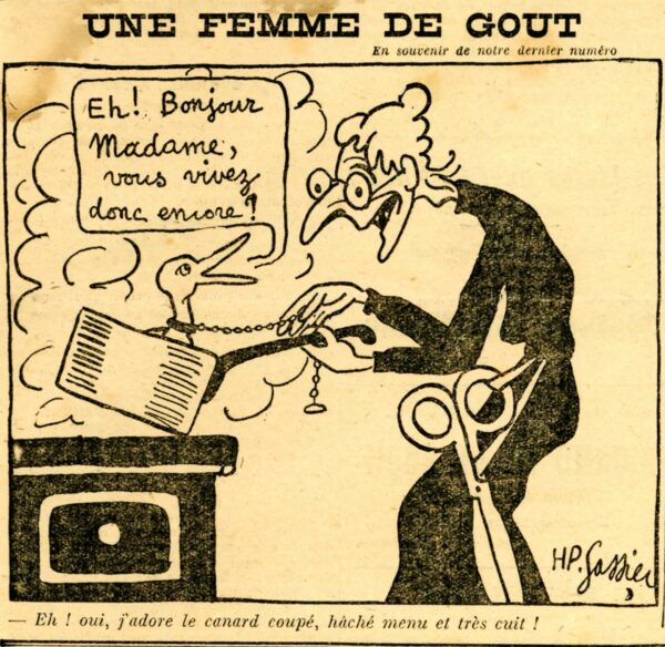 Couac ! | N° 11 du Canard Enchaîné - 13 Septembre 1916 | Premier article de Henri Béraud dans le Canard, sous le pseudonyme de Carlos Umberto et intitulé Des canons ! Des munitions ! - Henri Béraud met à profit une permission (lieutenant d'artillerie sur le front) le week end précédent pour donner à Maréchal son premier papier... Une parodie truculente de la "grande presse" et ses "bourreurs de crânes", il fait preuve d'un humour d'une fraicheur surprenante dans la période qu'il traverse. ancienne trace d'humidité n'affectant pas la lecture | anastasie 384