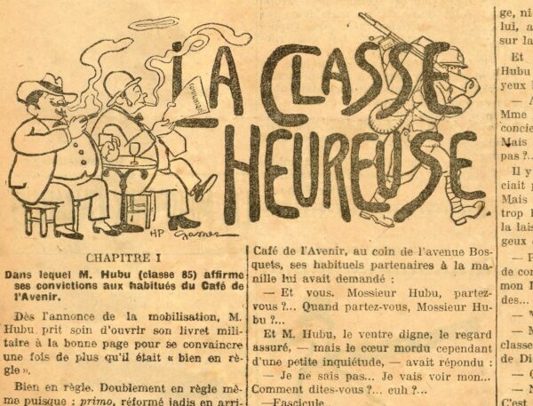 Couac ! | N° 1 du Canard Enchaîné - 5 Juillet 1916 | Premier numéro du Canard Enchaîné - Couac ! présente en exclusivité les dessins et cabochons originaux* publiés dans ce premier numéro et rehaussés à l'aquarelle, de H-P GASSIER   En cet été 1916, Maurice maréchal et Henri-Paul Gassier-Deyvaux s'associent pour faire renaître le "canard Enchainé". Cette "résurrection" est saluée par ce dessin de "HP Gassier" en Une. Georges Clémenceau est représenté une chaine au pied pour rappeler son propre journal L'Homme Enchainé et salue ce nouveau confrère, tenu lui aussi par une chaine et menacé par les ciseaux de la censure. L'expression "Bath" est quelque peu tombée en désuétude mais exprimait une bonne surprise... La censure battait en effet son plein en cette période de guerre. Cela sous le regard indifférent et amusé des "bourreurs de cranes" de la "grande Presse", et de gauche à droite: Maurice Barrès en tenue d'Académicien avec l’Écho de Paris, Gustave Téry, directeur de L'Oeuvre, avec le slogan publicitaire de son journal, accroché au cou "Les imbéciles ne me lisent pas" Arthur Meyer du Gaulois Gustave Hervé de la Victoire. Et enfin l'Ange de la Mort qui attend son heure et ne donne peut-être pas cher de la peau de ce nouveau canard enchainé.... * Les dessins originaux ne sont pas proposés à la vente | cabochon la Classe Heureuse en page 2