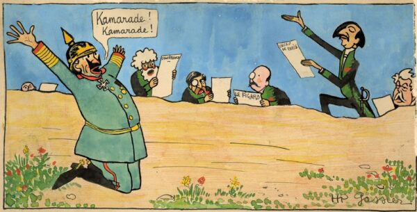 Couac ! | N° 2 du Canard Enchaîné - 12 Juillet 1916 | Couac ! présente en exclusivité le dessin original* publié à la Une ce second numéro et rehaussé à l'aquarelle, de H-P GASSIER - "Forts en gueule, mais à l'abri de la mitraille, les Académiciens, emmenés par Maurice Barrès, défient le Boche qui, terrorisé, se rend."Laurent Martin et Bernard Comment - Le Canard Enchainé 100 ans - p 12 - HP Gassier avait ajouté au titre "Faites donner l'Académie",..."L'heureuse Offensive" L'article "Avantages du Secret" publié dans Le Canard Enchaîné le 12 juillet 1916, rédigé par G. de La Fouchardière, est une critique acerbe et satirique des délibérations secrètes adoptées par la Chambre des députés et le Sénat pendant la Première Guerre mondiale. La Fouchardière utilise l'ironie pour dénoncer l'opacité et les dangers d'une telle approche. L'auteur commence par souligner que la Chambre et le Sénat ont décidé de délibérer en comité secret, puis extrapole que bientôt, non seulement les délibérations, mais aussi leurs résultats seront tenus secrets. Il imagine un futur où personne ne saura ce qui a été voté, qui a voté, et ce qui a été décidé. Dans ce contexte, les législateurs deviendront "invulnérables" et "inoffensifs". **Invulnérables** parce que les électeurs, ignorant les actions et paroles des élus, ne pourront plus critiquer ou s'opposer à leurs décisions. Les députés et sénateurs pourront alors voter et dire ce qu'ils veulent sans aucun contrôle ou conséquence publique, jouissant ainsi de la même invisibilité et impunité que les membres de l'Académie française. **Inoffensifs** parce que les lois votées mais non divulguées ni appliquées n'auront aucun effet réel sur la société. Une loi non connue est, selon l'auteur, "d'une nocuité parfaite". La Fouchardière propose, de manière absurde, que les lois soient enfermées dans un coffre-fort dont seul le Président de la Chambre, Paul Deschanel, aurait la clé. Ainsi, les lois resteraient sans effet, rendant inutile le travail des tribunaux et des forces de l'ordre. La satire se poursuit en imaginant un Parlement doté d'un prestige quasi-divin, opérant depuis un Mont-Sinaï imaginaire, entouré de nuées mystiques. Les électeurs, aveuglés par cette aura mystique, attribueraient tous les événements — la pluie, le beau temps, les épidémies, et même les chansons de M. Théodore Botrel — à la volonté du Parlement. En cas de mécontentement, le Parlement pourrait distribuer des palmes académiques pour apaiser la population. L'article se conclut sur une citation de Cromwell, adaptée pour souligner que posséder un Parlement est inutile sans la manière de le contrôler et de s'en servir correctement. La Fouchardière met en évidence l'absurdité et le danger de gouverner sans transparence ni responsabilité, soulignant les potentielles dérives d'un pouvoir politique non surveillé par le public.   * Les dessins originaux ne sont pas proposés à la vente | dessin original a la Une du numero 2 1 scaled