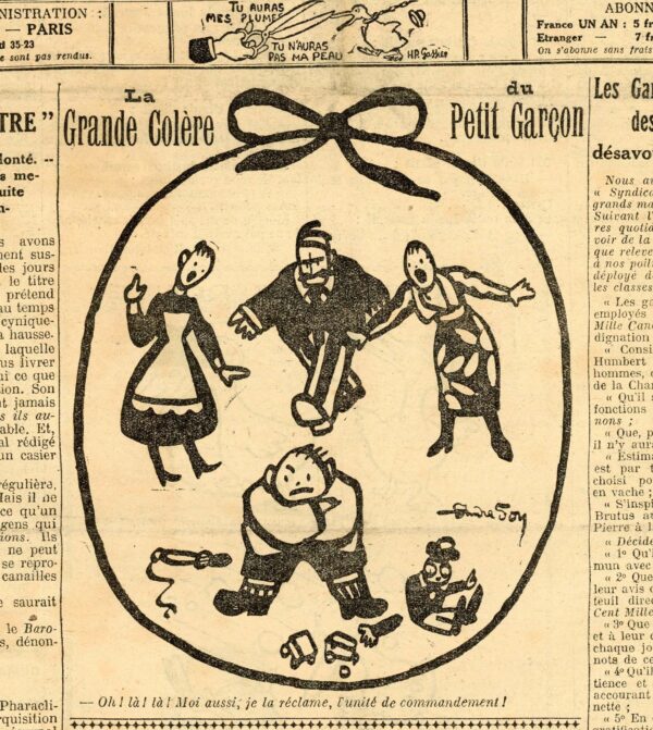 Couac ! | N° 76 du Canard Enchaîné - 12 Décembre 1917 | Couac ! présente le dessin original* à l'encre publié à la Une ce numéro, d'André FOY La légende de l'auteur sous le dessin au crayon, a été légèrement remaniée pour l'édition.   * Les dessins originaux ne sont pas proposés à la vente | extrait de la Une Andre Foy