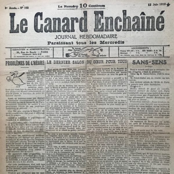 Couac ! | N° 102 du Canard Enchaîné - 12 Juin 1918 | L'ANGOISSE DU MERCANTI ou le Compte du Tonneau (Manuscrit trouvé dans une musette),  par Henri Béraud. Prosper Grivelot,  épicier à Bocard-les-Bois (Meuse) fait sa fortune sur le dos des poilus... Feuilleton paru du 12 au 26 Juin 1918: première partie. | 102 rotated