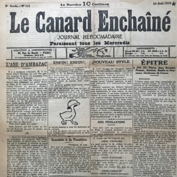 Couac ! | N° 111 du Canard Enchaîné - 14 Août 1918 | Nouveau style , par Henri Béraud - A propos du style médico-journalistique de Léon Daudet - EPITRE à NN. SS. Pierre, Jean, Barnabé, Propper, Antoine, Eusèbe, et Polycarpe, Cardinaux de France, par Henri Béraud - Mise en garde avec ironie de toutes ces éminences, qui invoquent le Créateur pour obtenir la victoire contre les allemands. | 111 rotated