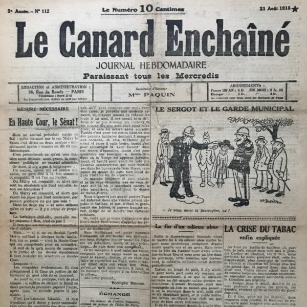 Couac ! | N° 112 du Canard Enchaîné - 21 Août 1918 | Article de Victor Snell à propos de la publication de Calligrammes de Guillaume Apollinaire La statue du procureur, par Henri Béraud - Maurras tourné en dérision avec sa proposition de statufier Léon Daudet... | 112 rotated