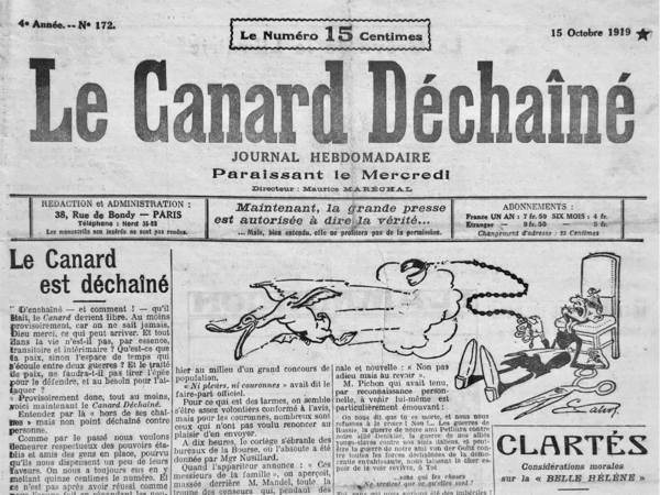 Couac ! | N° 172 du Canard Enchaîné - 15 Octobre 1919 | Premier numéro du "Canard Déchaîné" Le 12 Octobre 1919, Clémenceau lève enfin la censure et rétablit la liberté de la Presse, ce que le Canard célèbre joyeusement dans ce numéro, en premier lieu au travers du nouveau nom du journal... | 172