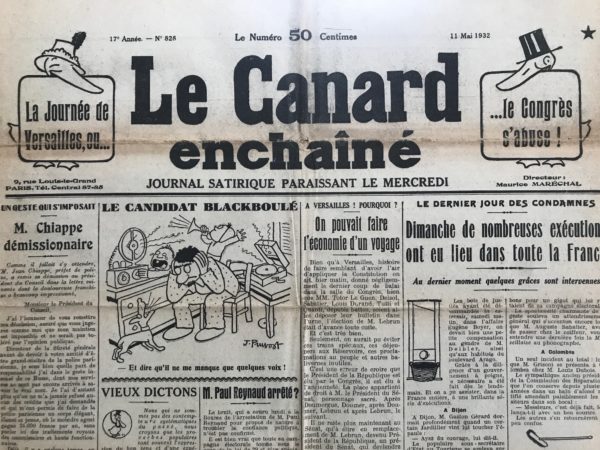 Couac ! | N° 828 du Canard Enchaîné - 11 Mai 1932 | Nos Exemplaires du Canard Enchaîné sont archivés dans de bonnes conditions de conservation (obscurité, hygrométrie maitrisée et faible température), ce qui s'avère indispensable pour des journaux anciens. | 828