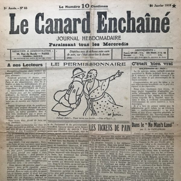 Couac ! | N° 83 du Canard Enchaîné - 30 Janvier 1918 | Nos Exemplaires du Canard Enchaîné sont archivés dans de bonnes conditions de conservation (obscurité, hygrométrie maitrisée et faible température), ce qui s'avère indispensable pour des journaux anciens. | 83 rotated