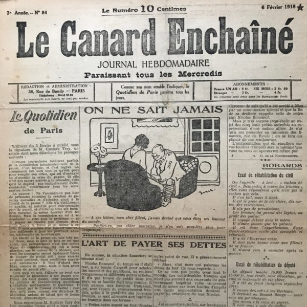 Couac ! | N° 84 du Canard Enchaîné - 6 Février 1918 | Nos Exemplaires du Canard Enchaîné sont archivés dans de bonnes conditions de conservation (obscurité, hygrométrie maitrisée et faible température), ce qui s'avère indispensable pour des journaux anciens. | 84 rotated