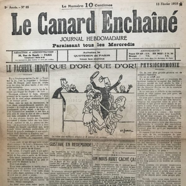 Couac ! | N° 85 du Canard Enchaîné - 13 Février 1918 | Nos Exemplaires du Canard Enchaîné sont archivés dans de bonnes conditions de conservation (obscurité, hygrométrie maitrisée et faible température), ce qui s'avère indispensable pour des journaux anciens. | 85 rotated