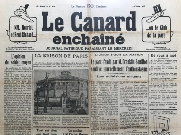 Couac ! | N° 874 du Canard Enchaîné - 29 Mars 1933 | Nos Exemplaires du Canard Enchaîné sont archivés dans de bonnes conditions de conservation (obscurité, hygrométrie maitrisée et faible température), ce qui s'avère indispensable pour des journaux anciens. | 874