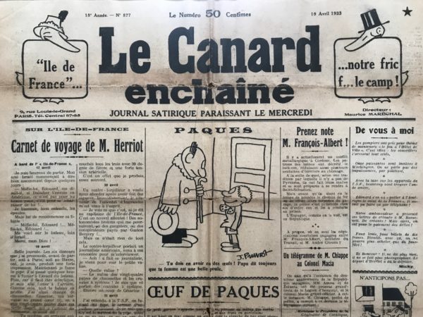 Couac ! | N° 877 du Canard Enchaîné - 19 Avril 1933 | Nos Exemplaires du Canard Enchaîné sont archivés dans de bonnes conditions de conservation (obscurité, hygrométrie maitrisée et faible température), ce qui s'avère indispensable pour des journaux anciens. | 877