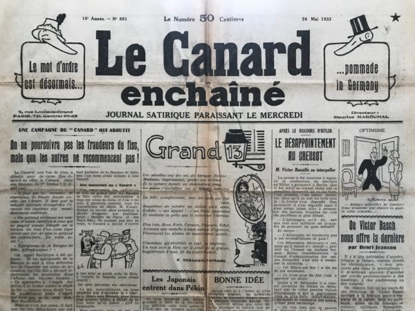 Couac ! | N° 882 du Canard Enchaîné - 24 Mai 1933 | Nos Exemplaires du Canard Enchaîné sont archivés dans de bonnes conditions de conservation (obscurité, hygrométrie maitrisée et faible température), ce qui s'avère indispensable pour des journaux anciens. | 882