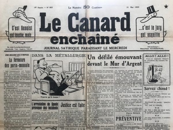 Couac ! | N° 883 du Canard Enchaîné - 31 Mai 1933 | Nos Exemplaires du Canard Enchaîné sont archivés dans de bonnes conditions de conservation (obscurité, hygrométrie maitrisée et faible température), ce qui s'avère indispensable pour des journaux anciens. | 883