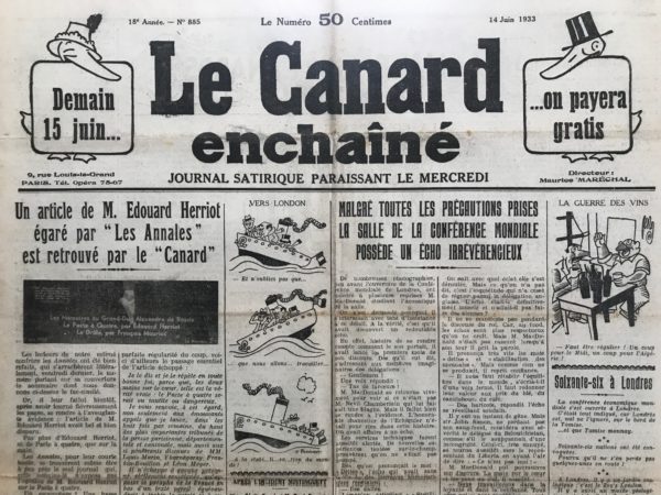 Couac ! | N° 885 du Canard Enchaîné - 14 Juin 1933 | Nos Exemplaires du Canard Enchaîné sont archivés dans de bonnes conditions de conservation (obscurité, hygrométrie maitrisée et faible température), ce qui s'avère indispensable pour des journaux anciens. | 885