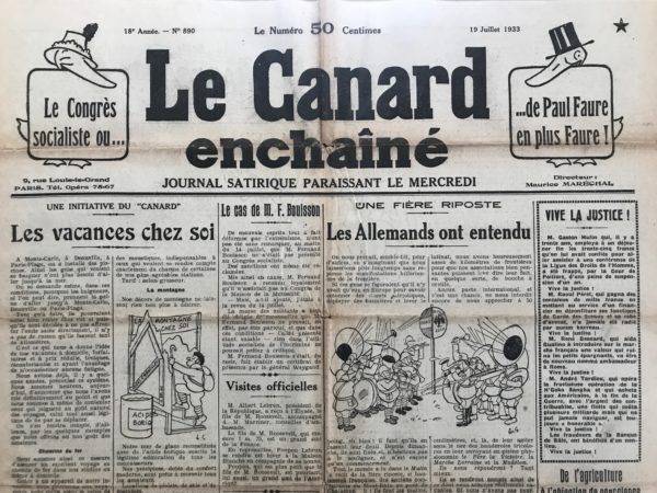 Couac ! | N° 890 du Canard Enchaîné - 19 Juillet 1933 | Nos Exemplaires du Canard Enchaîné sont archivés dans de bonnes conditions de conservation (obscurité, hygrométrie maitrisée et faible température), ce qui s'avère indispensable pour des journaux anciens. | 890