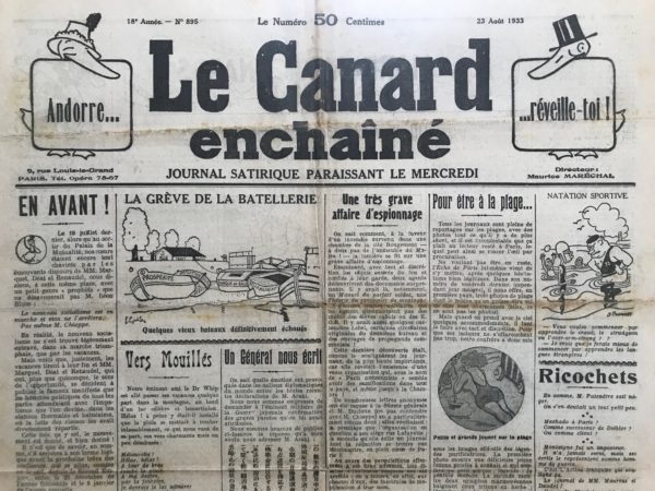 Couac ! | N° 895 du Canard Enchaîné - 23 Août 1933 | Nos Exemplaires du Canard Enchaîné sont archivés dans de bonnes conditions de conservation (obscurité, hygrométrie maitrisée et faible température), ce qui s'avère indispensable pour des journaux anciens. | 895