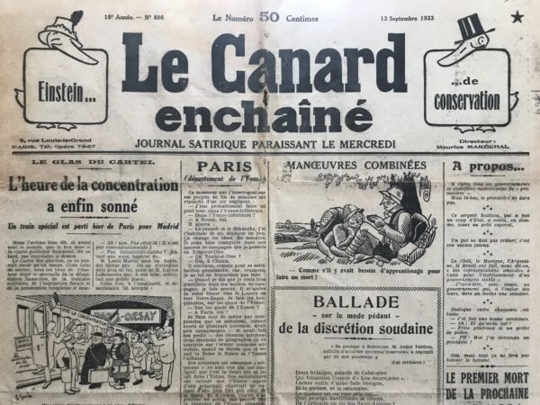 Couac ! | N° 898 du Canard Enchaîné - 13 Septembre 1933 | Nos Exemplaires du Canard Enchaîné sont archivés dans de bonnes conditions de conservation (obscurité, hygrométrie maitrisée et faible température), ce qui s'avère indispensable pour des journaux anciens. | 898