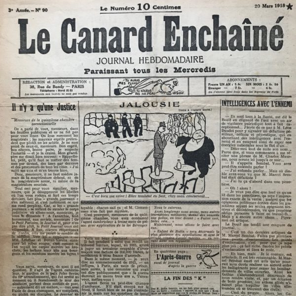 Couac ! | N° 90 du Canard Enchaîné - 20 Mars 1918 | Nos Exemplaires du Canard Enchaîné sont archivés dans de bonnes conditions de conservation (obscurité, hygrométrie maitrisée et faible température), ce qui s'avère indispensable pour des journaux anciens. | 90 rotated