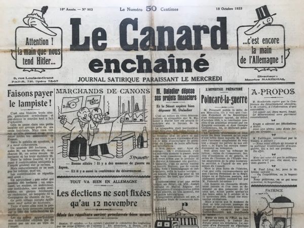 Couac ! | N° 903 du Canard Enchaîné - 18 Octobre 1933 | "Faisons payer le lampiste !", par Pierre Bénard   Le Canard enchaîné a vu la création, dans ses colonnes, de personnages devenus familiers, voire célèbres. Citons, par exemple, "le Bouif" de Georges de la Fouchardière, ou "l'ami Bidasse" d'André Guérin. Mais celui du "lampiste" est sans doute le plus fameux, car toujours utilisé. Le lampiste apparaît pour la première fois dans le numéro 856 du 23 novembre 1932, à propos d'une tentative d'attentat ferroviaire des indépendantistes bretons de Célestin Lainé contre Edouard Herriot. Mais c'est le titre de l'article de Pierre Bénard, paru dans ce numéro 903 du 18 octobre 1933 qui va le populariser, avec l'expression: "faisons payer le lampiste" !  A la base, le lampiste est un modeste employé des chemins de fer, préposé à l'entretien des lampes. Il va personnifier le français moyen, sorte de bouc émissaire, à qui on demande de se serrer la ceinture toujours davantage, bref celui qui trinque à la place des nantis.   | 903