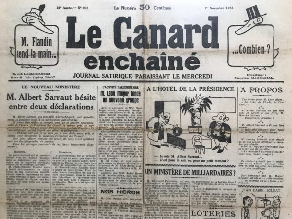 Couac ! | N° 905 du Canard Enchaîné - 1 Novembre 1933 | Nos Exemplaires du Canard Enchaîné sont archivés dans de bonnes conditions de conservation (obscurité, hygrométrie maitrisée et faible température), ce qui s'avère indispensable pour des journaux anciens. | 905