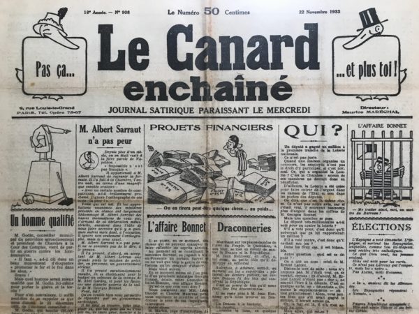 Couac ! | N° 908 du Canard Enchaîné - 22 Novembre 1933 | Nos Exemplaires du Canard Enchaîné sont archivés dans de bonnes conditions de conservation (obscurité, hygrométrie maitrisée et faible température), ce qui s'avère indispensable pour des journaux anciens. | 908