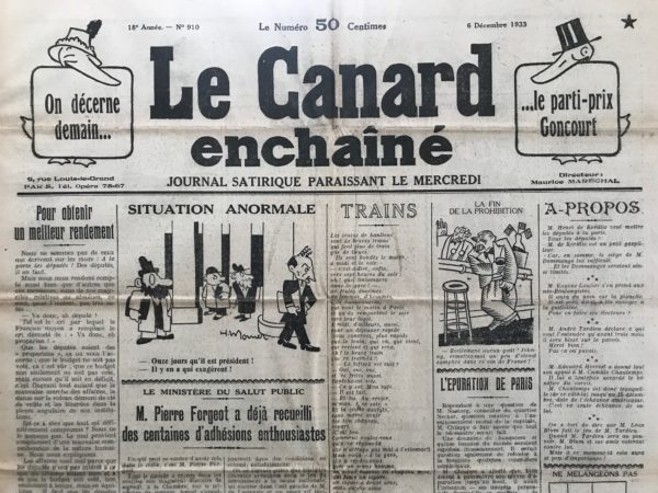 Couac ! | N° 910 du Canard Enchaîné - 6 Décembre 1933 | Nos Exemplaires du Canard Enchaîné sont archivés dans de bonnes conditions de conservation (obscurité, hygrométrie maitrisée et faible température), ce qui s'avère indispensable pour des journaux anciens. | 910