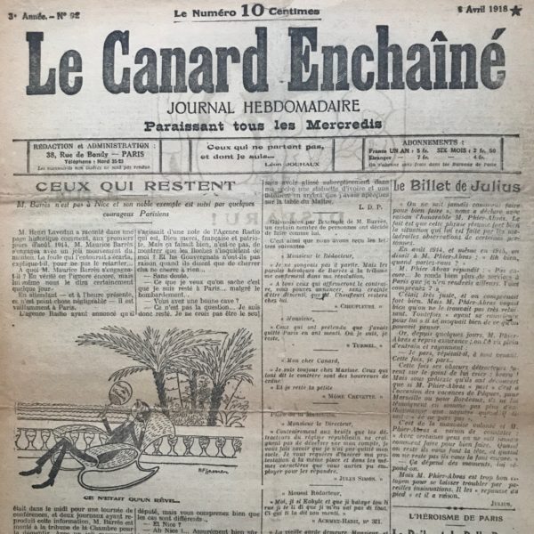 Couac ! | N° 92 du Canard Enchaîné - 3 Avril 1918 | Nos Exemplaires du Canard Enchaîné sont archivés dans de bonnes conditions de conservation (obscurité, hygrométrie maitrisée et faible température), ce qui s'avère indispensable pour des journaux anciens. | 92 rotated