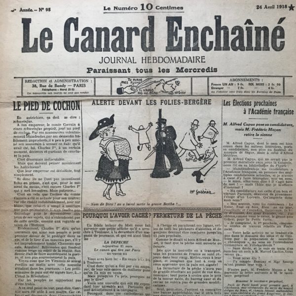 Couac ! | N° 95 du Canard Enchaîné - 24 Avril 1918 | Nos Exemplaires du Canard Enchaîné sont archivés dans de bonnes conditions de conservation (obscurité, hygrométrie maitrisée et faible température), ce qui s'avère indispensable pour des journaux anciens. | 95 rotated