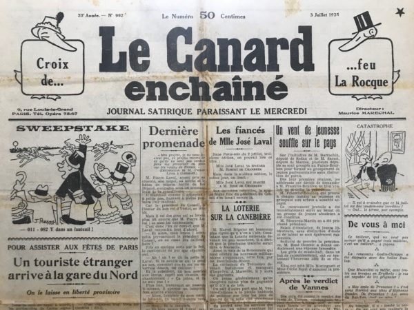 Couac ! | N° 992 du Canard Enchaîné - 3 Juillet 1935 | Le "plan d'assainissement" de Monsieur de Wendel - Dans cet article du Canard Enchaîné, Jean Galtier-Boissière critique François de Wendel, un grand industriel et politicien, pour ses propositions de redressement économique exposées lors du Congrès de la Fédération républicaine à Nice en avril 1935. De Wendel, issu d'une riche famille franco-allemande qui a prospéré pendant la Première Guerre mondiale en produisant pour l'Allemagne, propose un plan de « super-déflation » pour équilibrer le budget français. Son plan inclut des réductions drastiques dans les dépenses sociales, les pensions de guerre et les retraites, ainsi qu'une conversion des rentes, ce qui affecterait gravement les employés de l'État, les veuves de guerre, les anciens soldats blessés ou mutilés, et les petits rentiers français. Galtier-Boissière dénonce le cynisme de de Wendel, dont les propositions semblent destinées à protéger les intérêts des grandes industries au détriment des classes moyennes et des petits commerçants. Il souligne que ces mesures de déflation ne feraient qu'aggraver la crise économique en réduisant encore plus la circulation de l'argent et les échanges commerciaux, ce qui entraînerait une baisse des recettes fiscales de l'État. Il suggère que le plan de de Wendel vise en réalité à favoriser les magnats de l'industrie lourde, qui ont bénéficié d'énormes subventions sous prétexte de « défense nationale » depuis 1920. En fin de compte, Galtier-Boissière avertit que les mesures proposées par de Wendel pourraient mener à une augmentation de la crise et à une inflation généralisée, malgré l'apparente intention de déflation. Il conclut en critiquant la myopie et l'indifférence de de Wendel envers les souffrances des petites gens et des commerçants, qui seraient les principales victimes de ce plan d'assainissement économique. | 992