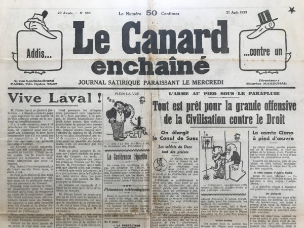 Couac ! | N° 999 du Canard Enchaîné - 21 Août 1935 | la protection de l'épargne - Dans cet article publié le 21 août 1935 dans Le Canard Enchaîné, Jean Galtier-Boissière se moque du prétendu effort de Pierre Laval pour protéger l'épargne des Français. Il expose avec sarcasme et indignation les contradictions et les échecs des politiques économiques de Laval, tout en révélant les réalités sombres et cyniques du système financier français. Galtier-Boissière commence par rappeler que la protection de la petite épargne est un thème récurrent des gouvernements de la IIIe République, mais souligne que les mesures proposées par Laval ne sont pas réellement destinées à protéger les épargnants modestes. Au contraire, elles visent à protéger les grands établissements de crédit et à rediriger les capitaux des petits investisseurs vers ces institutions respectables. L'auteur distingue deux types d'escrocs financiers : les petits flibustiers et les grands prédateurs. Les petits flibustiers sont les démarcheurs et les banquiers provinciaux qui escroquent les épargnants avec des investissements douteux et des promesses de rendements exorbitants. Galtier-Boissière critique la façon dont les gouvernements successifs font périodiquement semblant de protéger le public contre ces petits escrocs, sans jamais réussir à les arrêter réellement. En revanche, les grands prédateurs sont les grandes institutions financières et bancaires qui, avec la complicité de la presse et du gouvernement, orchestrent des escroqueries monumentales. Galtier-Boissière cite des scandales célèbres comme le Panama et les emprunts russes, qui ont ruiné des milliers d'épargnants français tout en enrichissant les banquiers, les journalistes et les industriels. L'auteur critique également l'État pour sa prétendue protection de l'épargne. Il rappelle que l'État français, après la Première Guerre mondiale, a réduit la valeur du franc et a imposé des déductions sur les coupons des petits créanciers. Les mesures de Laval, selon Galtier-Boissière, ne font qu'empirer la situation en limitant les possibilités d'investissement des épargnants. Galtier-Boissière conclut en soulignant l'ironie et l'hypocrisie des décrets-lois de Laval. Plutôt que de protéger l'épargne, ces mesures dissuadent les gens de placer leurs économies en leur supprimant les options d'investissement. Il critique également Laval pour avoir réussi à détourner l'attention des épargnants des véritables dangers financiers, tout en consolidant le pouvoir des grandes institutions de crédit. L'article de Jean Galtier-Boissière est une critique acerbe des politiques économiques de Pierre Laval et de la prétendue protection de l'épargne par l'État. En exposant les contradictions et les hypocrisies de ces mesures, Galtier-Boissière dénonce un système qui protège les riches et les puissants au détriment des petits épargnants, tout en révélant les réalités cyniques du monde financier de l'époque. | 999