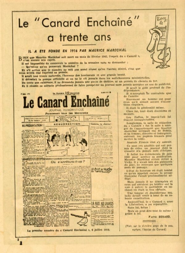 Couac ! | Almanach du Canard Enchaîné 1946 | Numéro spécial, deuxième de la série après celui de l'été 1921. Supplément vendu à l'époque avec le numéro du 28 Novembre 1945. L' "Almanach" du Canard célèbre les trente ans du Canard Enchainé. Janvier : A vos souhaits, le saint du mois : Sainte Geneviève (Geneviève de Thébouis) - vedettes...de turc : Michel Simon - Février: Les radicaux à l'assaut du Palais-Bourbon - La sainte du mois: Sainte Marianne - mars : la paix des trois n'aura pas lieu, par R. Tréno - Les petites misères de dame radio, par Pierre Laroche - Avril : Quelques bonnes farces du 1er Avril, par Roger Salardenne - Ici l'on pêche, par A. Breffort - Mai : Enfin, une Constitution qui satisfait tout le monde ! par André Sauger - Ce qu'a été le cinéma en 1945, ce qu'il sera en 1946, par Huguette ex-Micro et Henri Jeanson - Juin : De grandes réformes de structure vont enfin être réalisées - Vedettes de turc : Viviane Romance - la revue des capucins, par Pierre Laroche - Juillet : Le tour de France cycliste se courra à pied - Visite à l'Empire du Milieu, par René Buzelin - Août : A Lourdes, le M.R.P. fête son assomption - Les grandes manœuvres se sont déroulées sous le signe de la bombe atomique, par Yves Grosrichard - Septembre : Vendanges, par R. Tréno - Octobre : Fête du trône, par A. Breffort - Vedettes de turc : Fernand Ledoux - Novembre : Pèlerinage au pays de la vigne, par A. Breffort - Vedette de turc : René Lelièvre - Décembre : C'est tes skis ! par Alexandre Breffort - et des dessins de Effel, Grove, Pol Ferjac, Monier et Guilac. In 4 format 28 X 21 cm, broché. Couverture souple. Comporte de nombreuses illustrations, photos et dessins humoristiques en noir & blanc, dans et hors textes. 48 pages Les plats peuvent présenter des traces d'usures ou frottements, l'intérieur est frais avec parfois quelques rousseurs sans gravité.         | 01314115