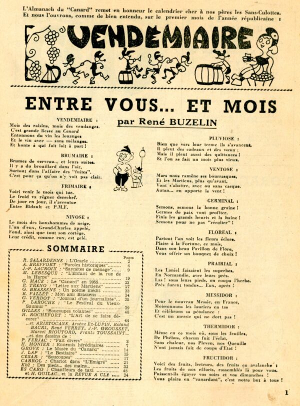 Couac ! | Almanach du Canard Enchaîné 1955 | Numéro spécial, troisième de la série, après 1921 et 1946. Supplément vendu à l'époque avec le numéro du 10 Novembre 1954. "L' "Almanach" du Canard remet à l'honneur le calendrier cher à nos pères les Sans-Culottes....." In 4 format 27 X 20,5 cm, broché. Couverture souple. Comporte de nombreuses illustrations, photos et dessins humoristiques en noir & blanc, dans et hors textes. 50 pages Les plats peuvent présenter des traces d'usures ou frottements, l'intérieur est frais avec parfois quelques rousseurs sans gravité. SOMMAIRE SALARDENNE : L'Oracle BREFFORT : "Paroles historiques" J—P. LACROIX ; "Saynètes de ménage" LEBESQUE : "L'Enfant de la rue de la Harpe" MACÉ : Le "Canard" en 2055 TRÈNO *'Lettre aux Martiens" BRASSENS : Un poème inédit FALLET : Mon ami Brassens VERDOT : "Journal d'un journaliste" LAROCHE : « Le Festival du Vieux-Saumur " GILLES : "Soucoupes volantes" ROCHEFORT "L'Art de se faire décorer" ...et ARISTOCANE, Arsène EX-LUPIN, Roland BACRI, René FERREY, JPP. GROUSSET, Marcel RIOUTORD, Frantz TOUSSAINT...et des dessins de FERJAC : "Fait divers" MONIER : Ennemis héréditaires GROVE : Le Musée du "Canard" LAP : "Le Bestiaire" CÉSAR : "Soucoupes" CABROL : Charlot dans "L'Emigré" Kb2 : Des pieds... des mains ESCARO : Chauffeurs de taxi et H. GUILAC.., et la REVUE A CLÉ   | 01777111