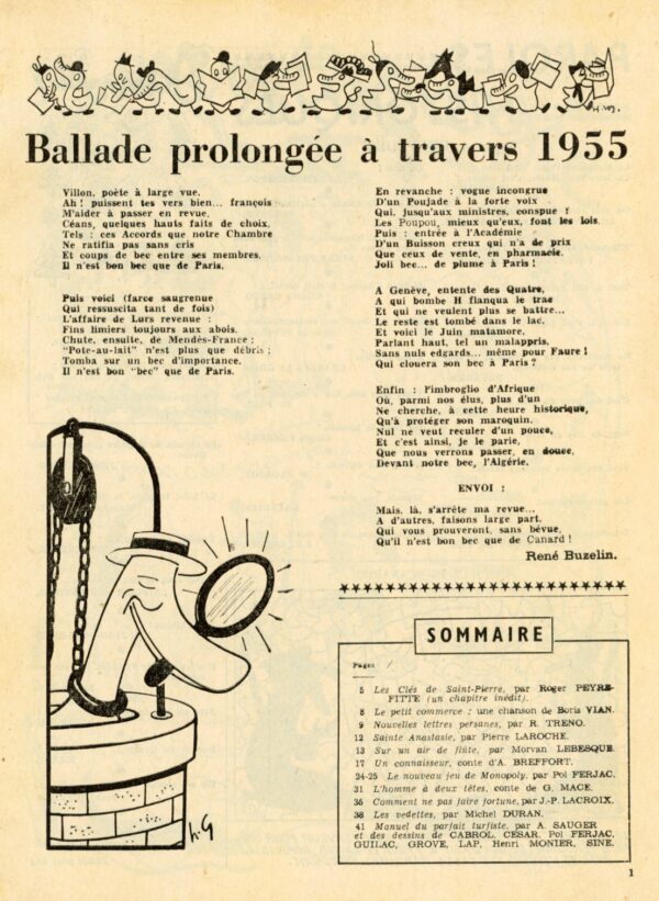 Couac ! | Almanach du Canard Enchaîné 1956 | Almanach, quatrième et dernier de la série, après 1921, 1946 et 1955. Supplément vendu à l'époque avec le numéro du 19 Octobre 1955. "Le Canard n'est enchainé qu'à ses lecteurs." SOMMAIRE Les Clés de Saint-Pierre, par Roger Peyrefitte (un chapitre inédit). Le petit commerce : une chanson de VIAN. Nouvelles lettres par R. TRENO. Sainte Anastasie, par Pierre LAROCHE. Sur un air de flûte, par Morvan LEBESQUE. Un connaisseur, conte d'A. BREFFORT. Le nouveau jeu de Monopoly, par Pol FERJAC. L'homme à deux têtes, conte de G, MACÉ. Comment ne pas faire fortune, J-P. LACROIX. Les vedettes, par Michel DURAN. Manuel du parfait turfiste, par A.SAUGER et des dessins de CABROL, CESAR, Pol FERJAC, GUILAC, GROVE, LAP, Henri MONIER, SINE. In 4 format 27 X 20,5 cm, broché. Couverture souple. Comporte de nombreuses illustrations, photos et dessins humoristiques en noir & blanc, dans et hors textes. 50 pages Les plats peuvent présenter des traces d'usures ou frottements, l'intérieur est frais avec parfois quelques rousseurs sans gravité.         | 01826114