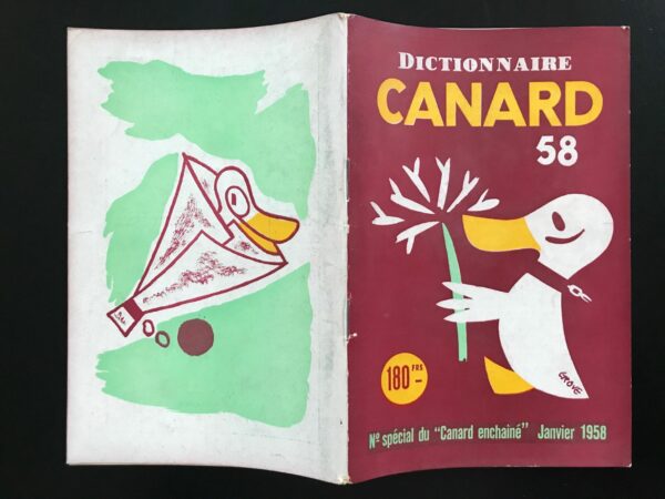 Couac ! | Dictionnaire CANARD 1958 | Dictionnaire Canard 1958. Numéro spécial, deuxième de la série. Supplément vendu à l'époque avec le numéro du 11 Décembre 1957. Définitions et histoires les plus satiriques et anticonformistes. In 8 format 20 X 13 cm, broché. Couverture souple. Comporte de nombreuses illustrations, photos et dessins humoristiques en noir & blanc, dans et hors textes. 96 pages Les plats peuvent présenter des traces d'usures ou frottements, l'intérieur est frais avec parfois quelques rousseurs sans gravité.         | 01938