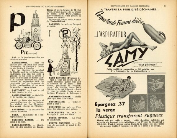 Couac ! | Dictionnaire CANARD 1959 | "Tempête sur le lexique" Dictionnaire du Canard 1959. Numéro spécial, troisième de la série. Supplément vendu à l'époque avec le numéro du 3 Décembre 1958. Définitions et histoires les plus satiriques et anticonformistes. In 8 format 20 X 13 cm, broché. Couverture souple. Comporte de nombreuses illustrations, photos et dessins humoristiques en noir & blanc, dans et hors textes. 96 pages Les plats peuvent présenter des traces d'usures ou frottements, l'intérieur est frais avec parfois quelques rousseurs sans gravité.         | 01988099