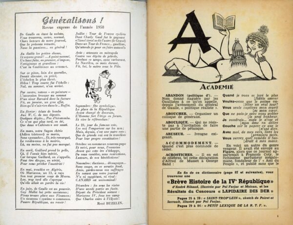 Couac ! | Dictionnaire CANARD 1959 | "Tempête sur le lexique" Dictionnaire du Canard 1959. Numéro spécial, troisième de la série. Supplément vendu à l'époque avec le numéro du 3 Décembre 1958. Définitions et histoires les plus satiriques et anticonformistes. In 8 format 20 X 13 cm, broché. Couverture souple. Comporte de nombreuses illustrations, photos et dessins humoristiques en noir & blanc, dans et hors textes. 96 pages Les plats peuvent présenter des traces d'usures ou frottements, l'intérieur est frais avec parfois quelques rousseurs sans gravité.         | 01988101