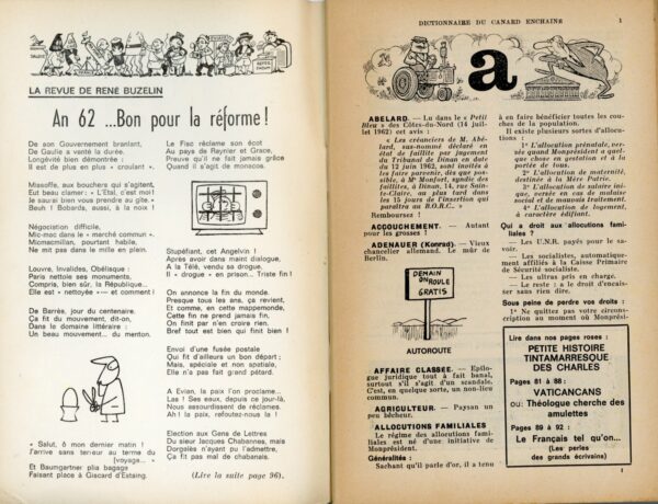 Couac ! | Dictionnaire CANARD 1963 | Dictionnaire Canard 1963. Numéro spécial, septième de la série - Supplément vendu à l'époque avec le numéro du 28 Novembre 1962. Définitions et histoires les plus satiriques et anticonformistes. In 8 format 20 X 13 cm, broché. Couverture souple. Comporte de nombreuses illustrations, photos et dessins humoristiques en noir & blanc, dans et hors textes. 96 pages Les plats peuvent présenter des traces d'usures ou frottements, l'intérieur est frais avec parfois quelques rousseurs sans gravité.         | 02197102