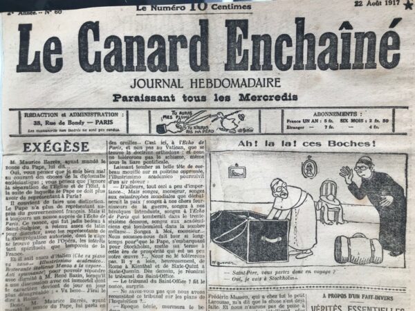 Couac ! | N° 60 du Canard Enchaîné - 22 Août 1917 | Nos Exemplaires du Canard Enchaîné sont archivés dans de bonnes conditions de conservation (obscurité, hygrométrie maitrisée et faible température), ce qui s'avère indispensable pour des journaux anciens. | 60